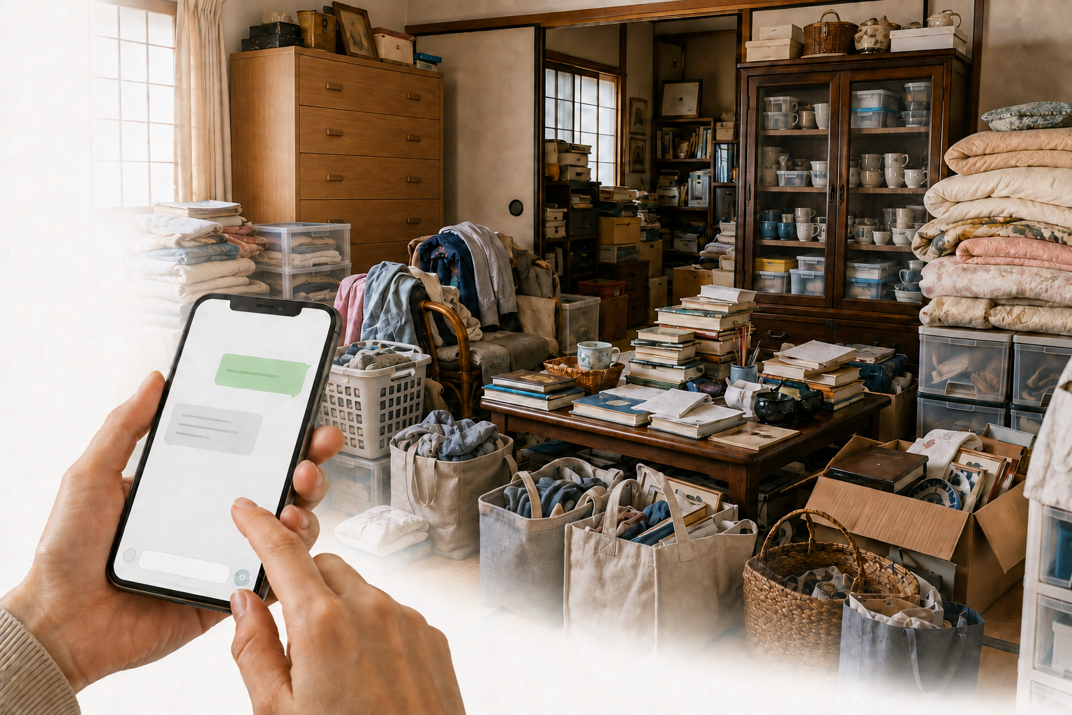 荷物が多く残る実家を思い浮かべながら、スマホで相談するイメージ