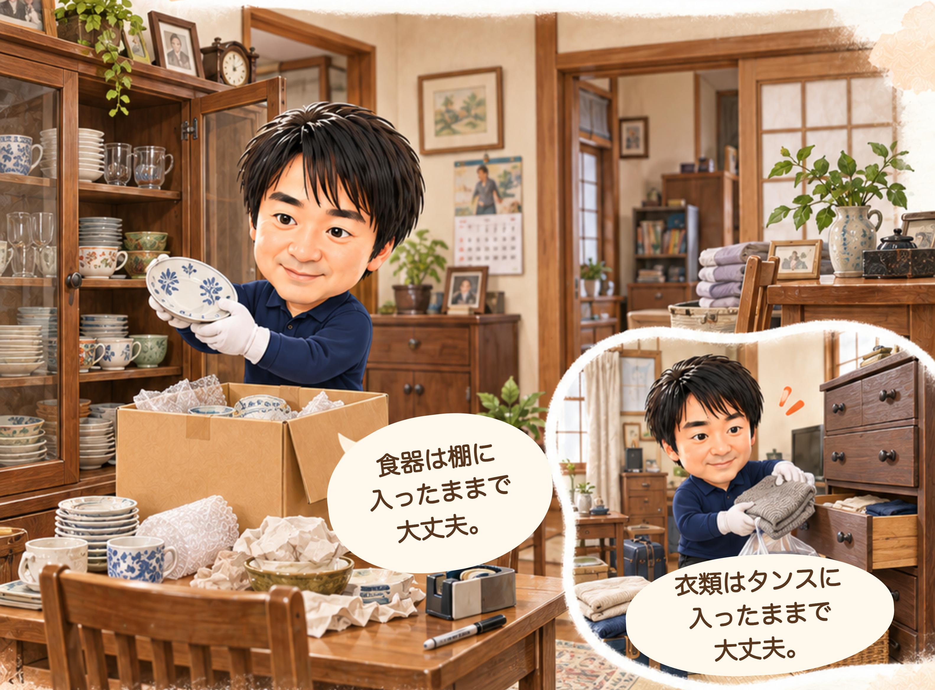食器は棚に入ったままで大丈夫。衣類はタンスに入ったままで大丈夫。完成チラシの片付け場面