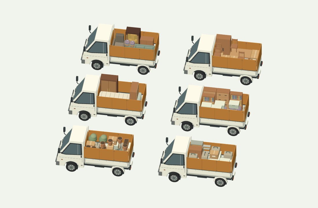 同じ模型の荷物を6台のトラックに積んだ状態
