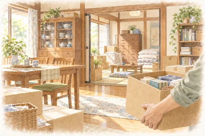 家全体の片付けを表す水彩挿絵