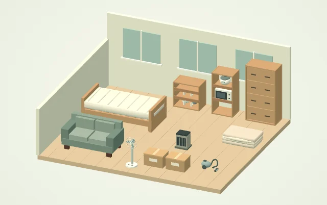 ワンルームの荷物が部屋にある様子