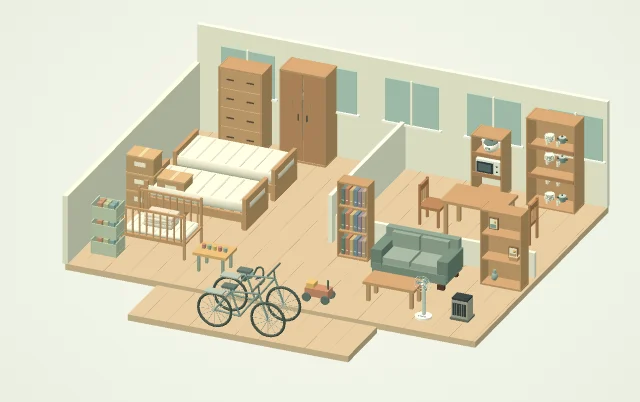 2DKの荷物が部屋にある様子